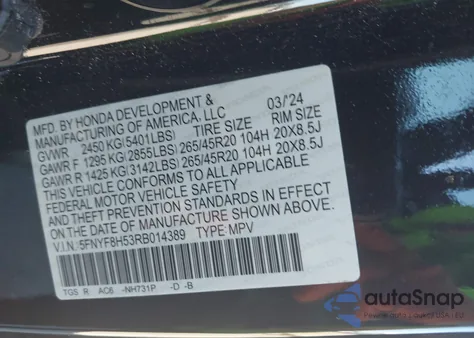 2024 Honda Passport Awd Ex-L from USA, damaged, VIN 5FNYF8H53RB014389